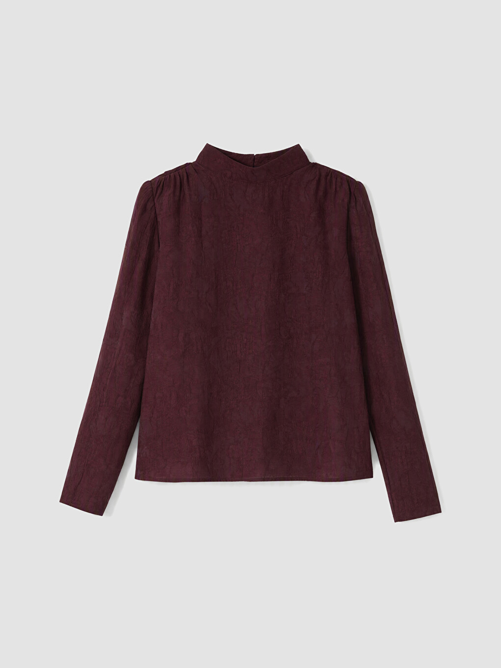 Bordo Dik Yaka Desenli Büzgülü Bluz-4