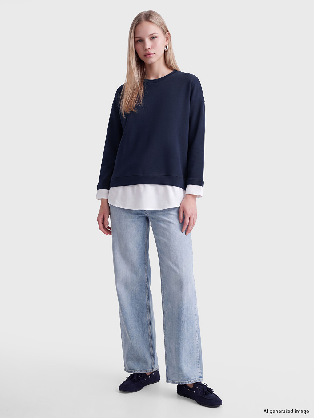 Lacivert Bisiklet Yaka Kadın Sweatshirt-1
