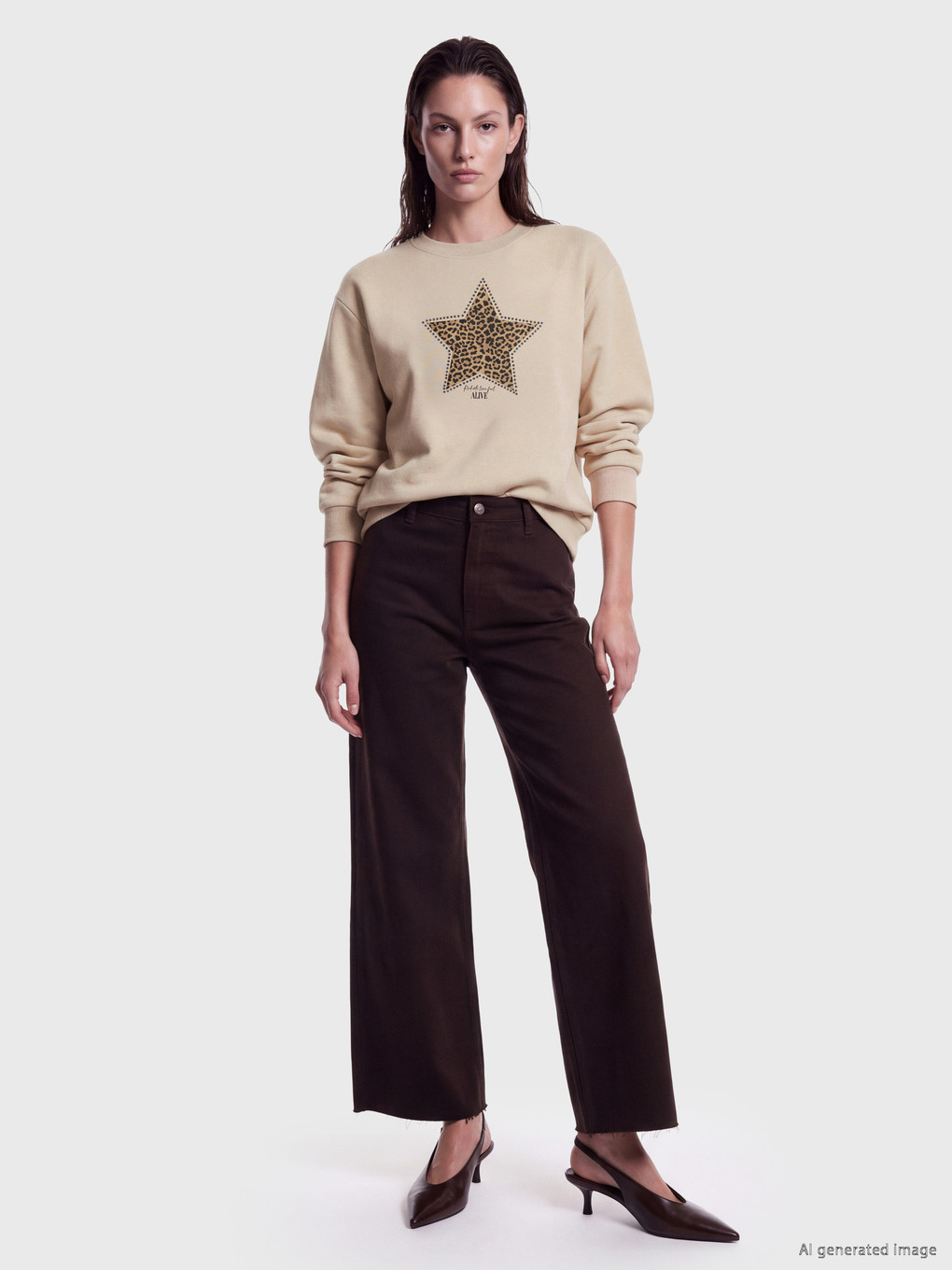 Bej Leoparlı Yıldız Baskılı Kadın Kalın Sweatshirt-1