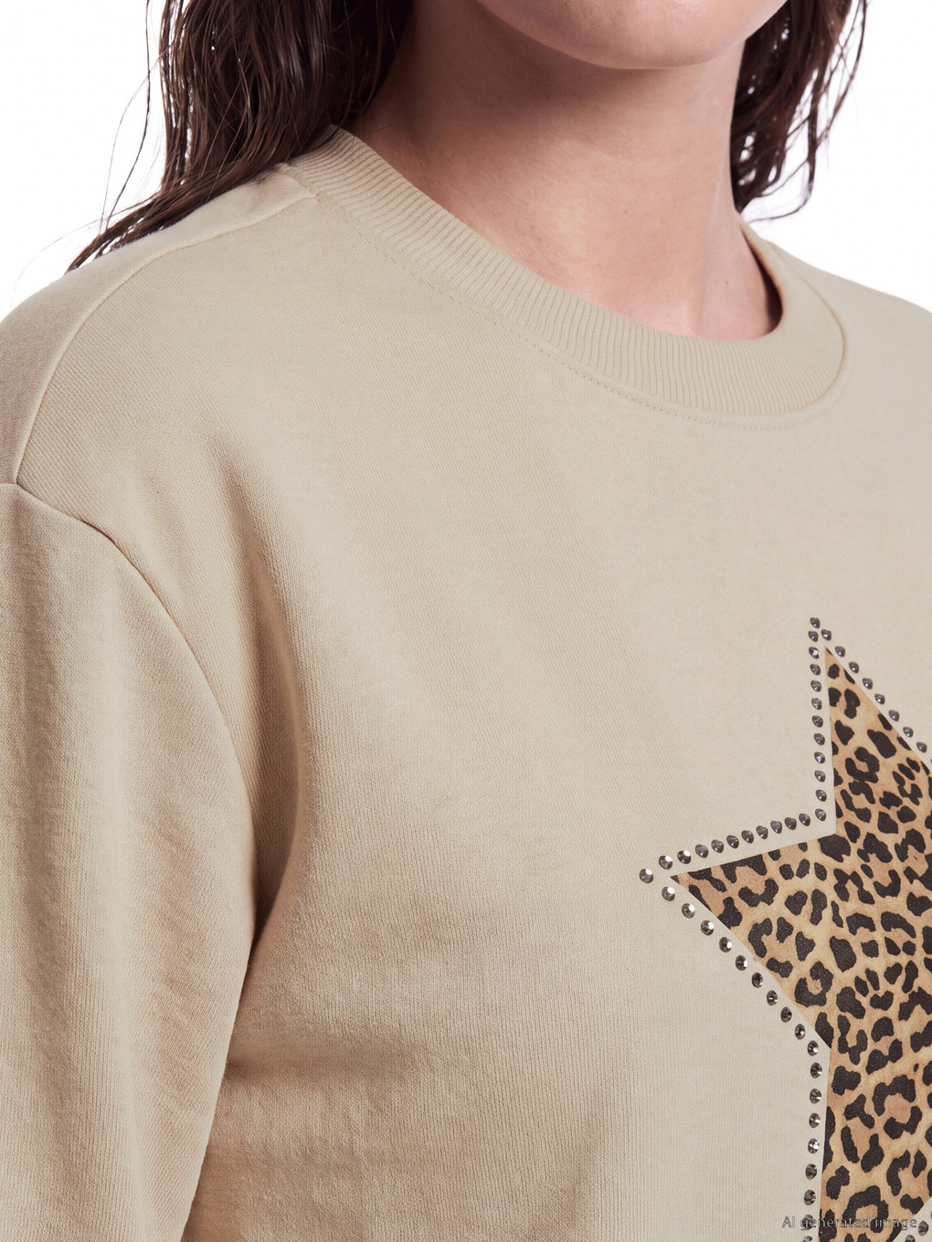 Bej Leoparlı Yıldız Baskılı Kadın Kalın Sweatshirt-2