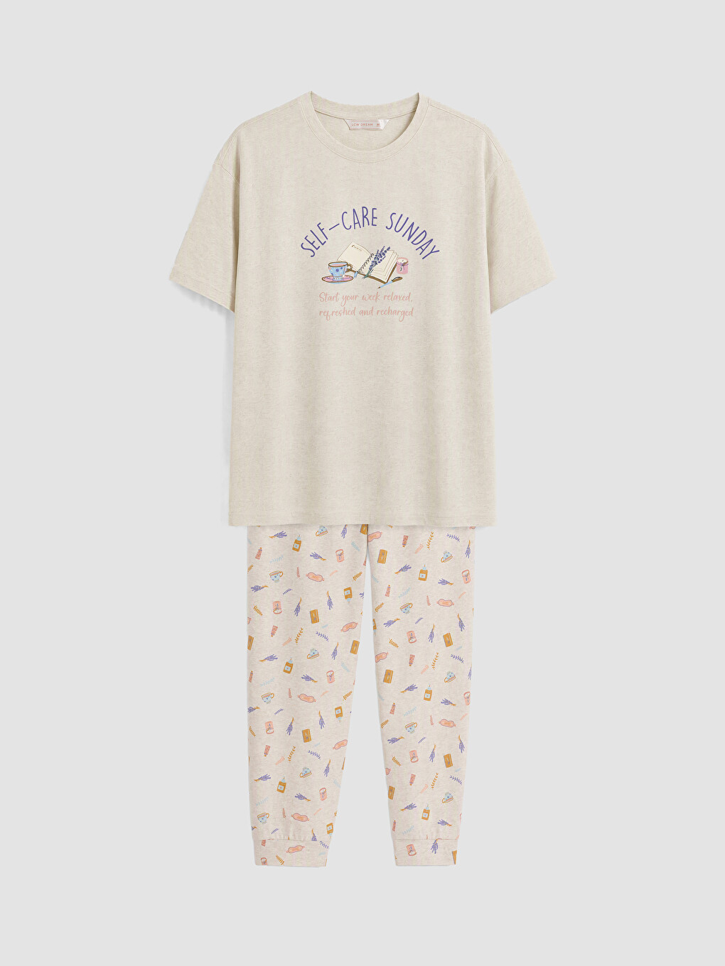 Bej Bisiklet Yaka Baskılı Kadın Pijama Takımı