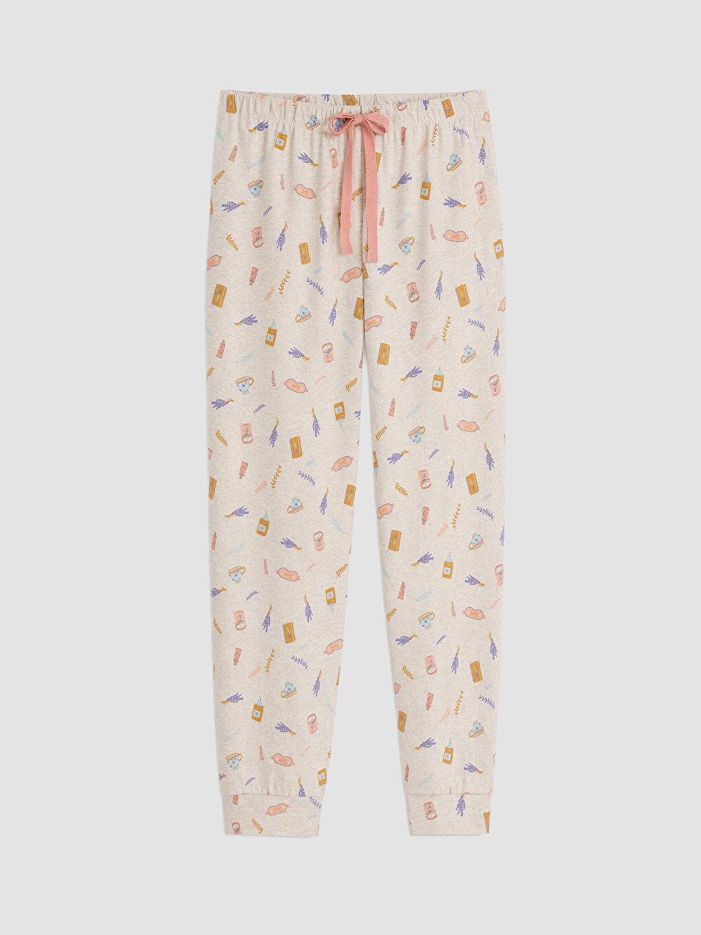 Bej Bisiklet Yaka Baskılı Kadın Pijama Takımı-4