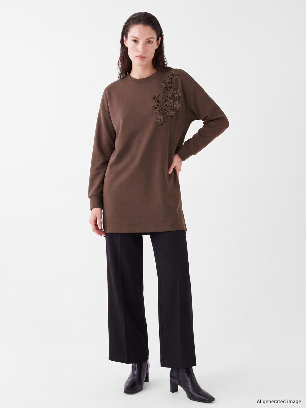 Kahverengi Soft Touch Kadın Sweatshirt Tunik-1