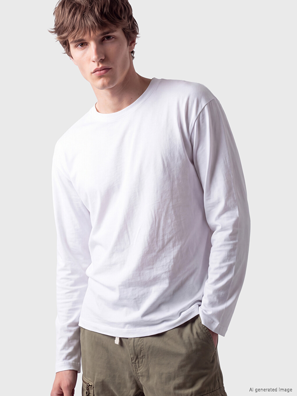 Beyaz Bisiklet Yaka Erkek Sweatshirt