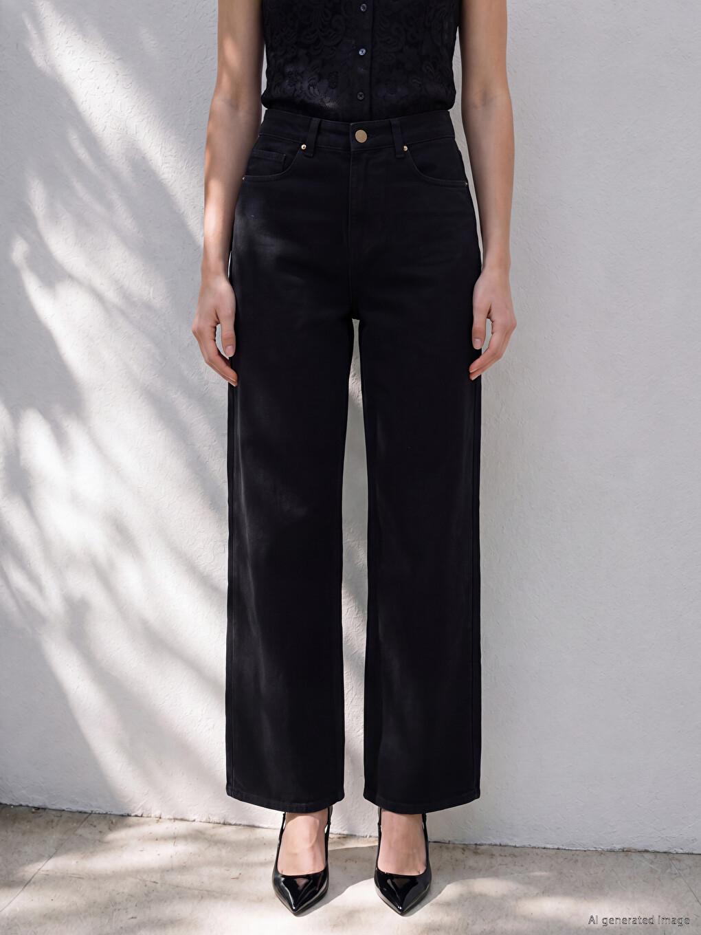 Siyah Wideleg Kadın Jean Pantolon-1