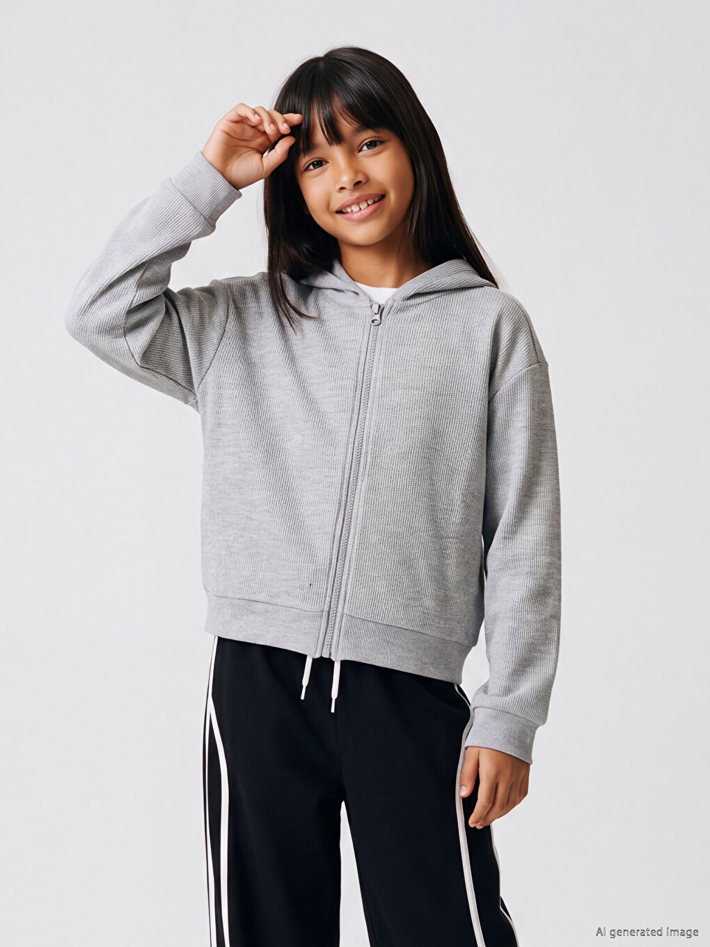 Gri Kapüşonlu Kız Çocuk Fermuarlı Sweatshirt