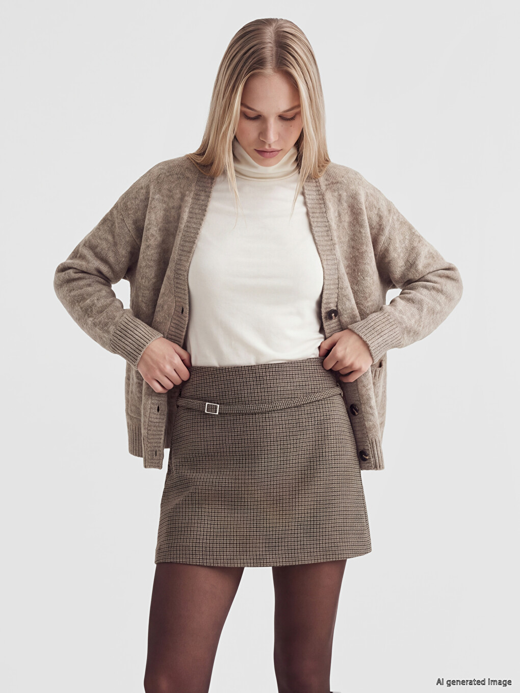 Belted Houndstooth Patterned Mini Skort
