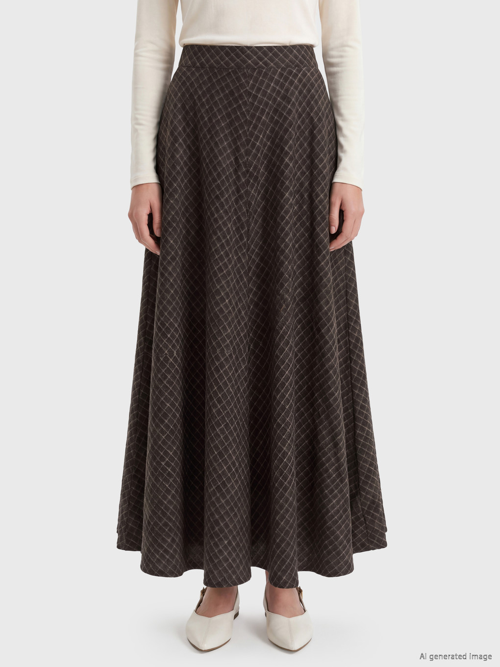 High Waist Plaid Poplin Flared Skirt-2