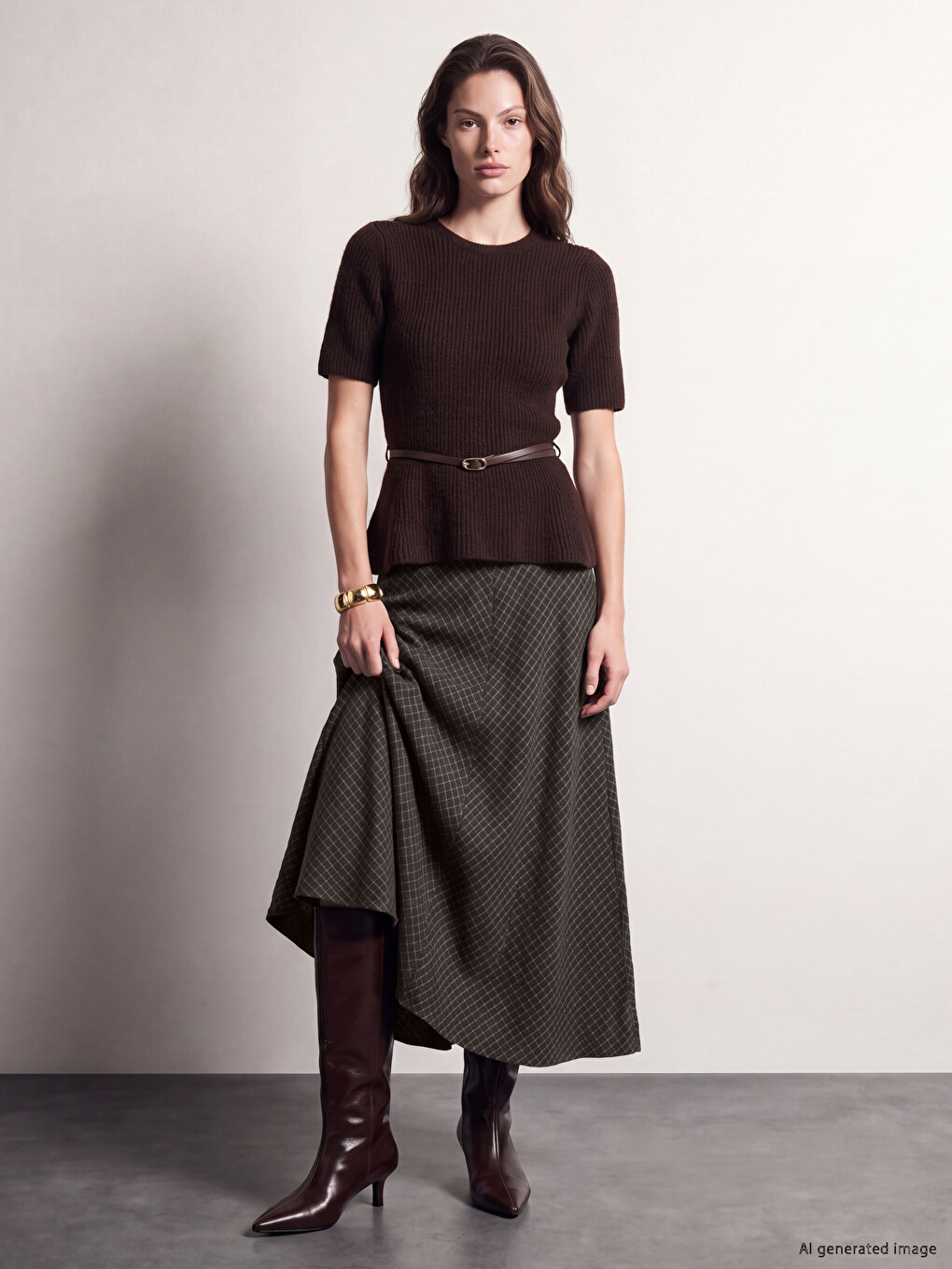 High Waist Plaid Poplin Flared Skirt