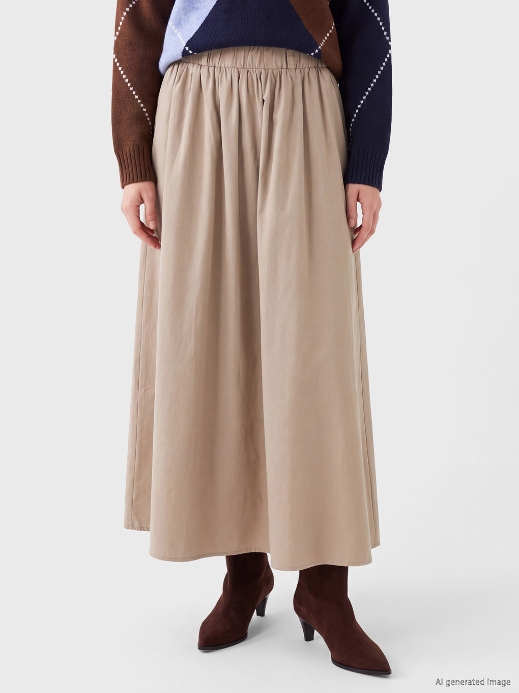 Elastic Waist Poplin Flared Skirt-1