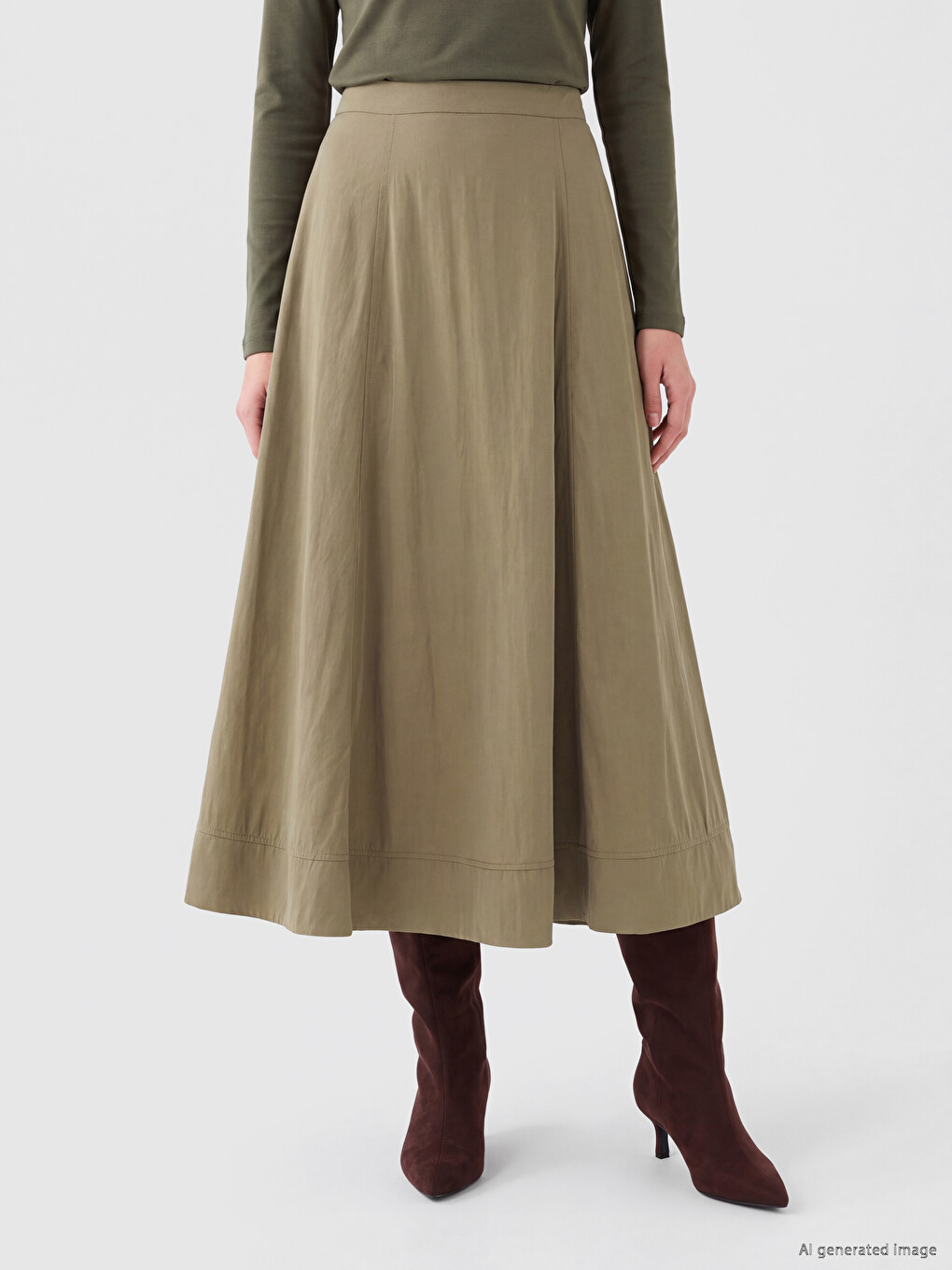 Haki Yüksek Bel Poplin Kloş Etek-1