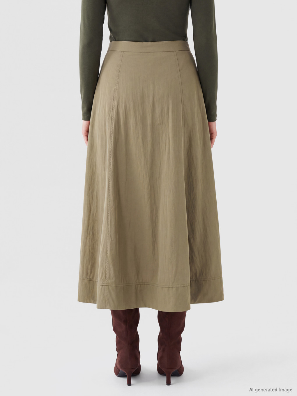 Haki Yüksek Bel Poplin Kloş Etek-2