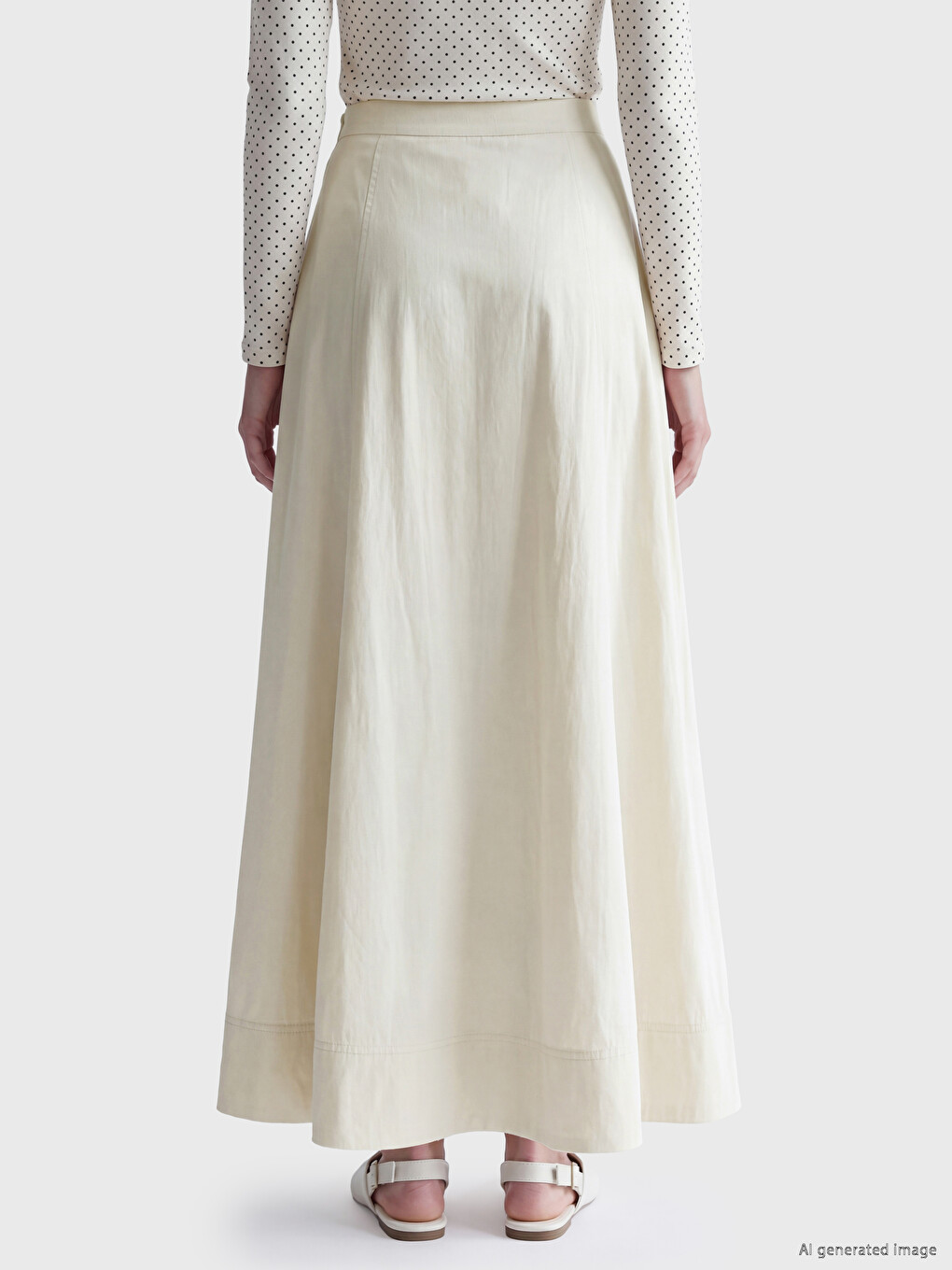 Bej Yüksek Bel Poplin Kloş Etek-3