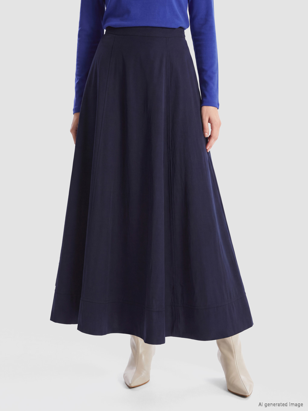 Lacivert Yüksek Bel Poplin Kloş Etek-1