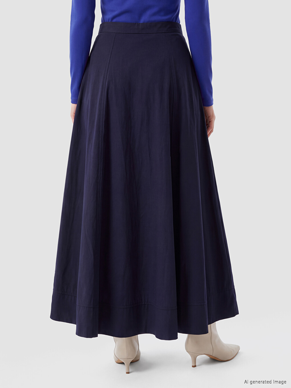 Lacivert Yüksek Bel Poplin Kloş Etek-3