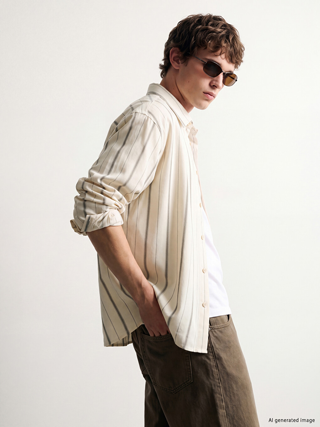 Ekru Slim Fit Çizgili Erkek Gömlek