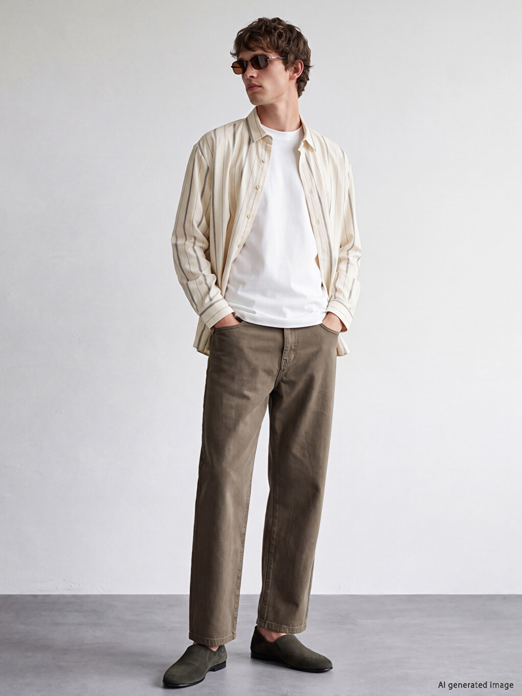 Ekru Slim Fit Çizgili Erkek Gömlek-1