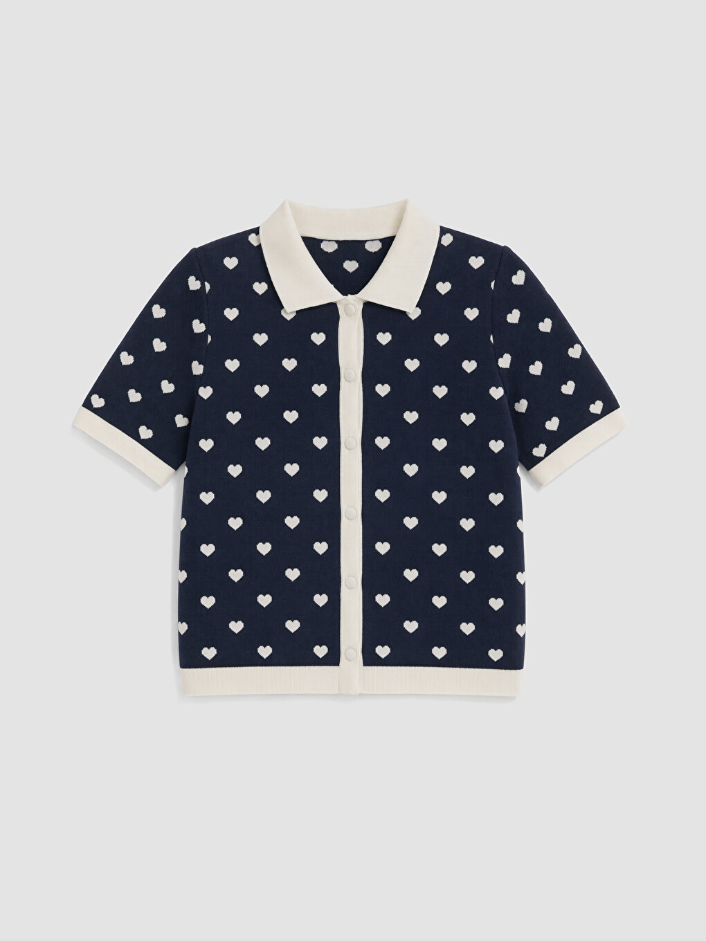 Lacivert Polo Yaka Kalp Desenli Kadın Triko Hırka-4