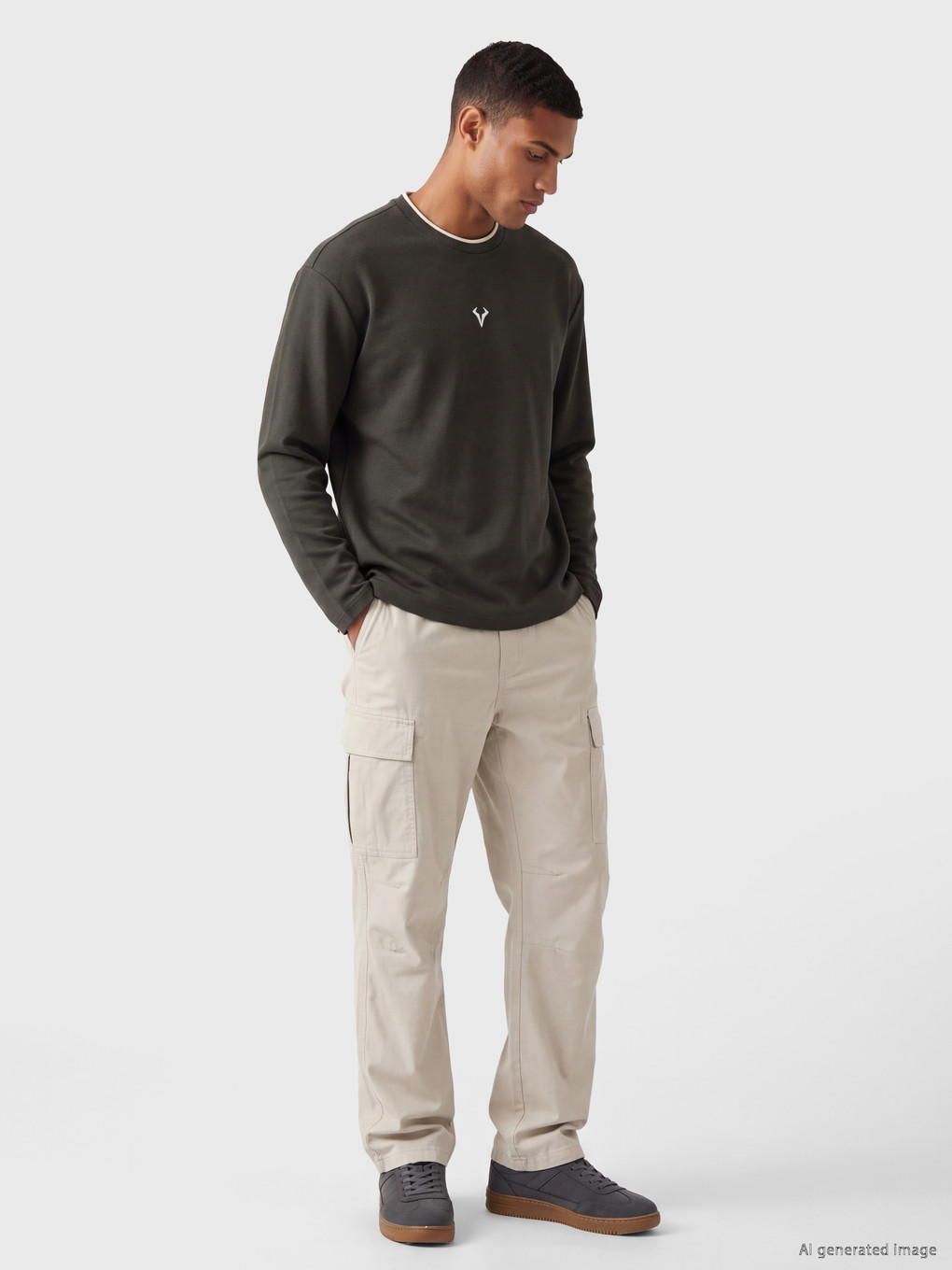 Haki Bisiklet Yaka Erkek Sweatshirt-1