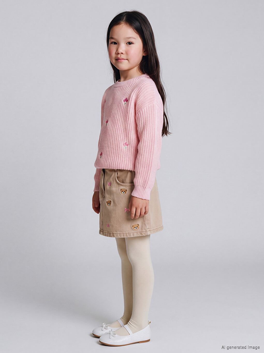 Bej Nakışlı Kız Çocuk Gabardin Etek-1