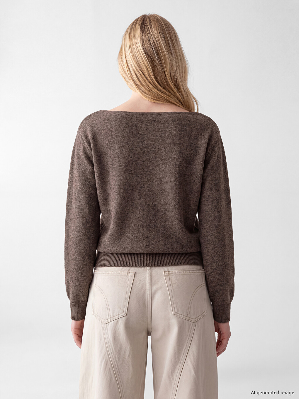 Kahverengi Kayık Yaka Kadın Sweatshirt-3