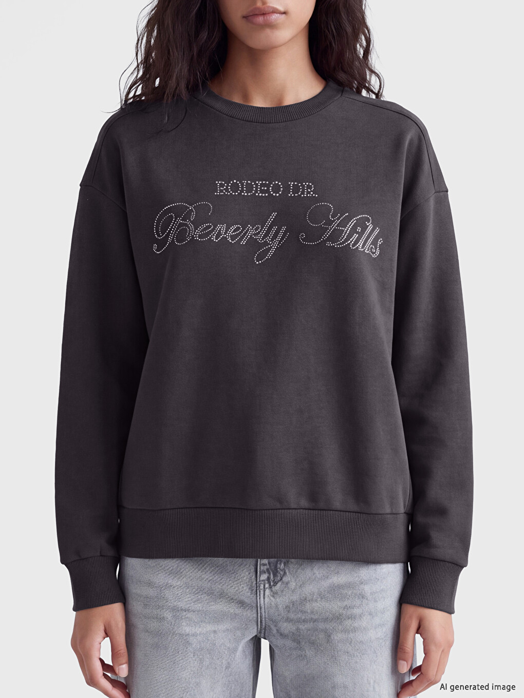 Antrasit Taşlı Kalın Kadın Kalın Sweatshirt-2