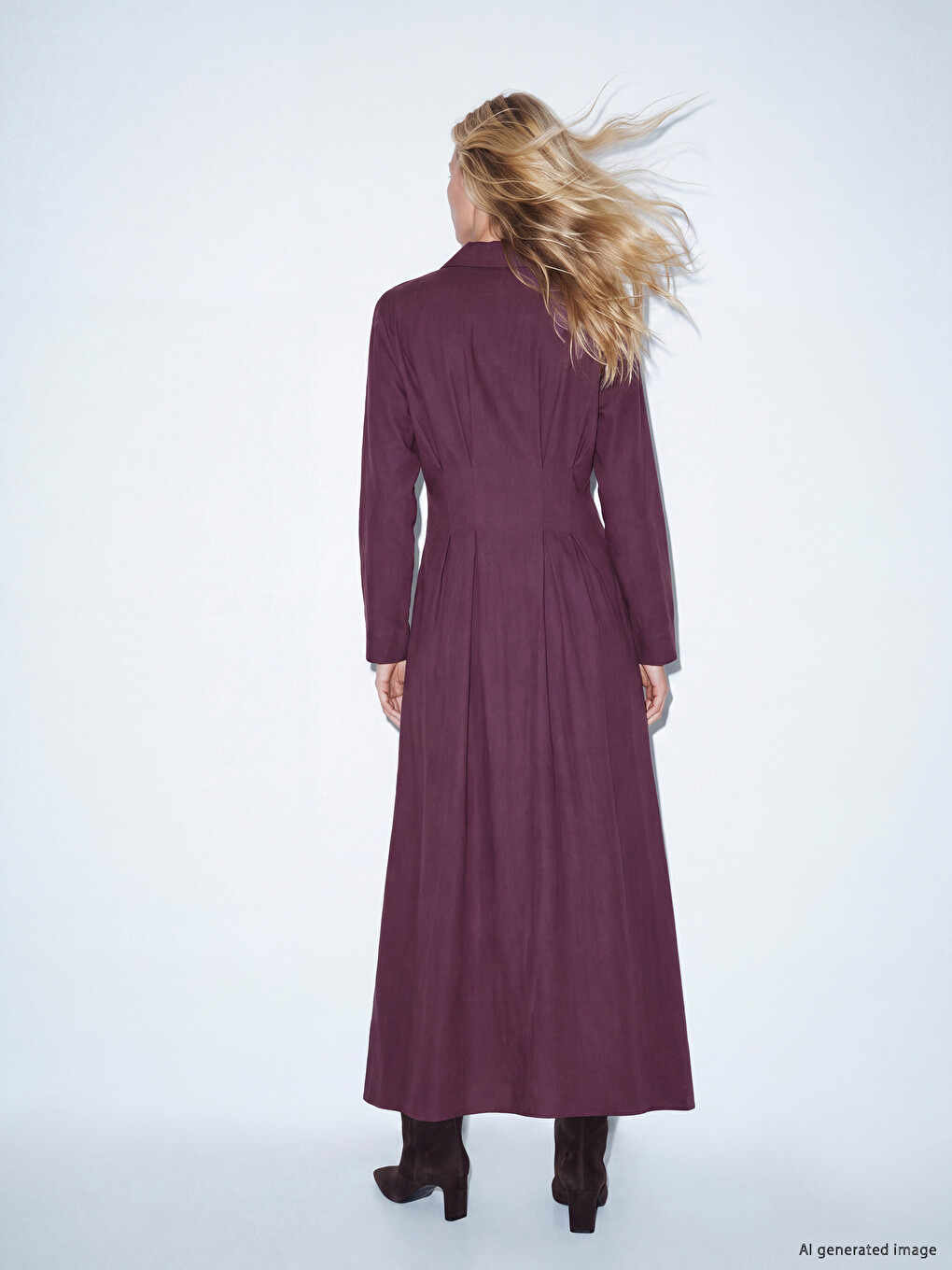 Bordo Pileli Modal Karışımlı Gömlek Elbise-4
