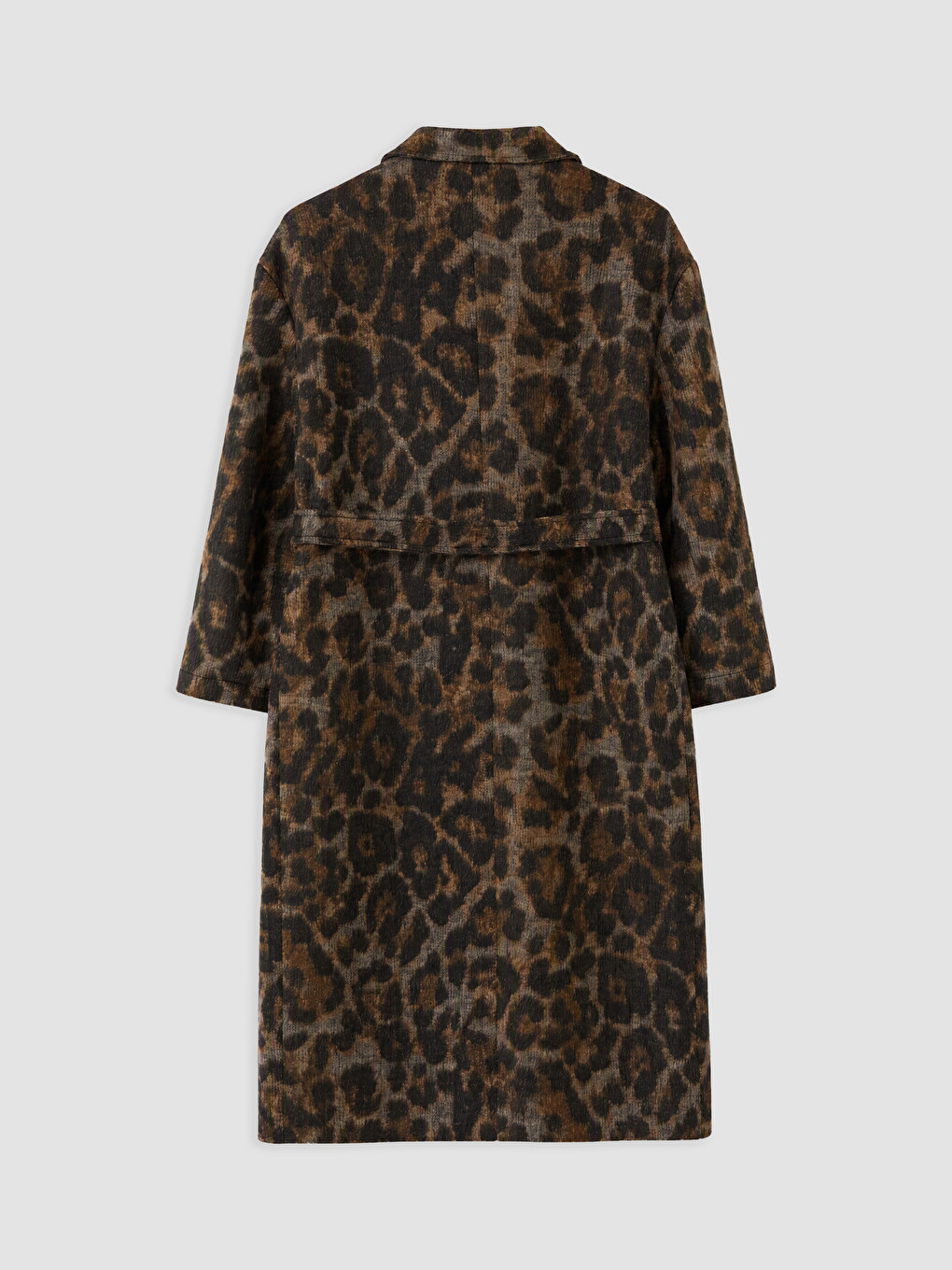 Kahverengi Beli Kuşaklı Leopar Desenli Kadın Kaşe Kaban-6