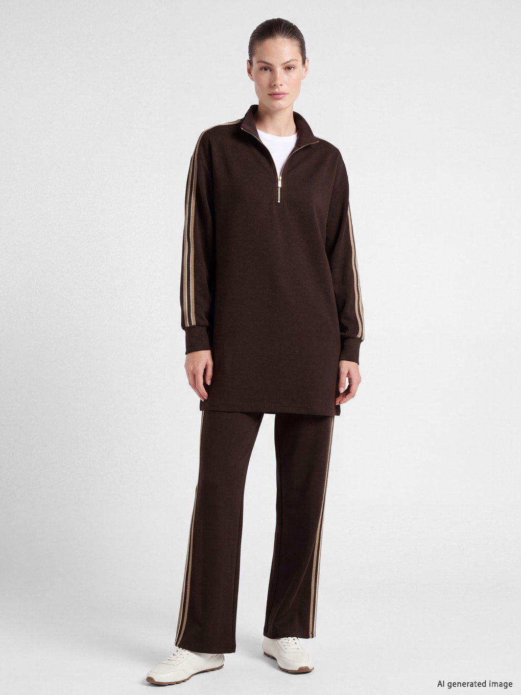 Kahverengi Şeritli Soft Touch Kadın Sweatshirt Tunik-1