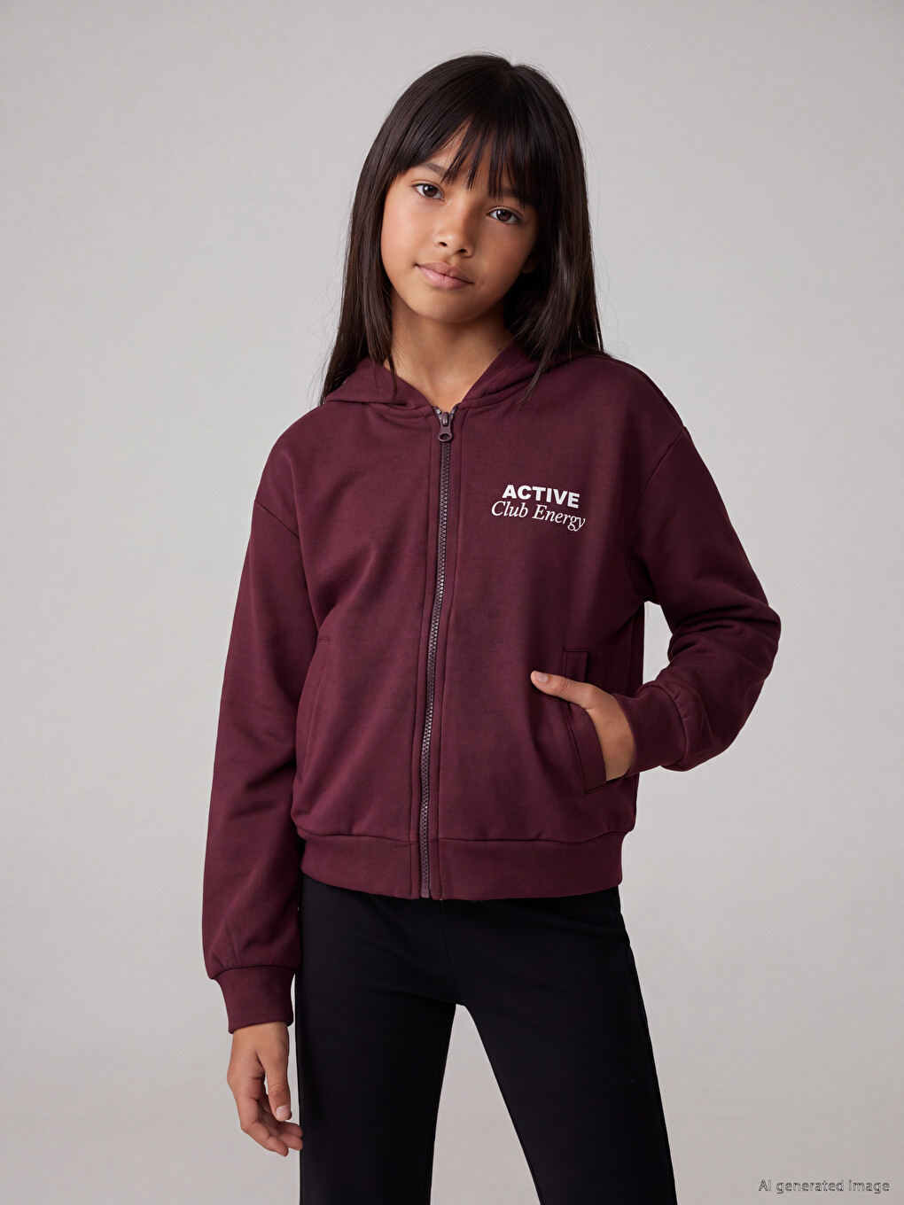 Mürdüm Kapüşonlu Genç Kız Fermuarlı Sweatshirt-1