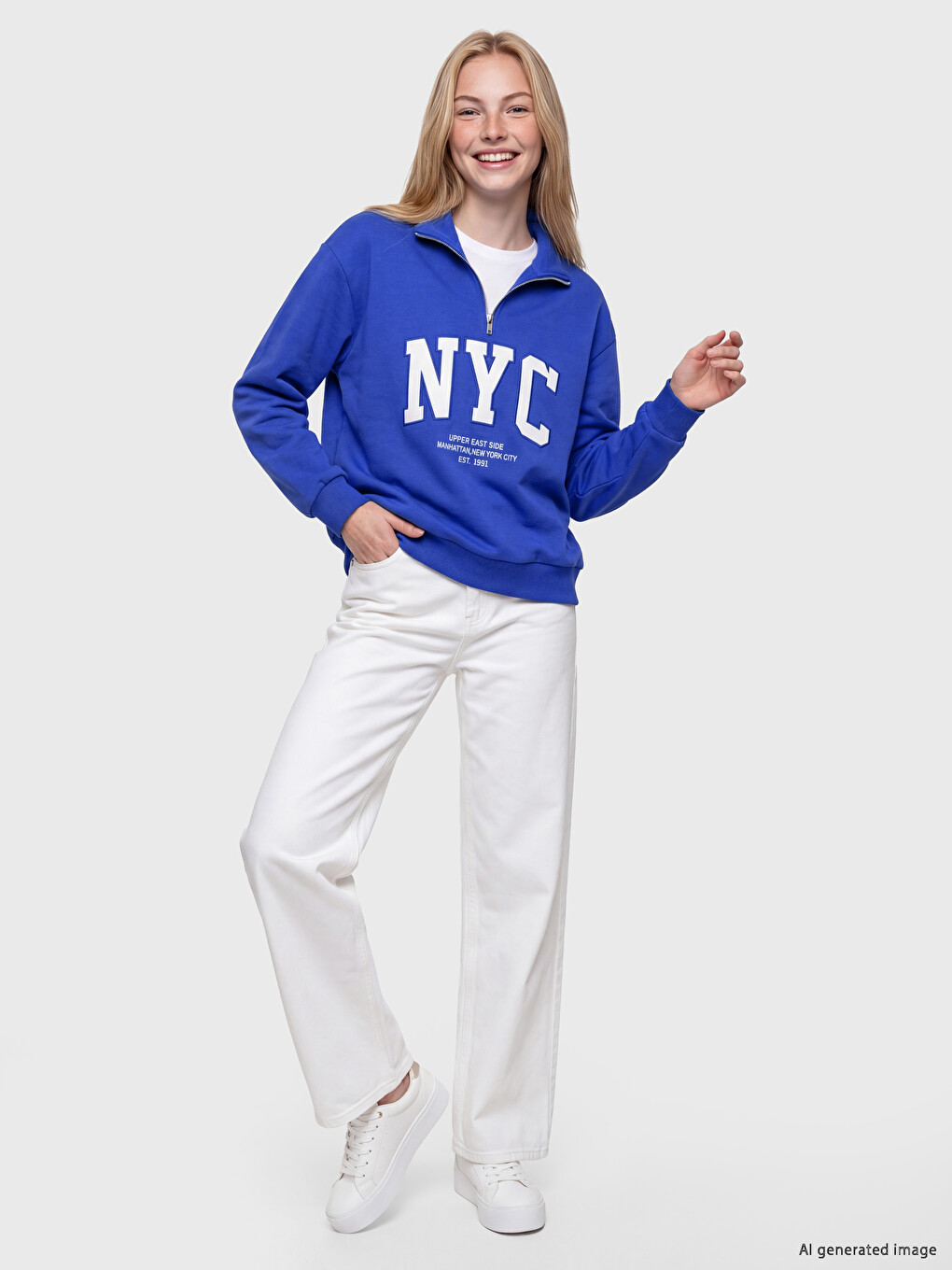 Mavi Nakışlı Oversize Kadın Kalın Sweatshirt-1
