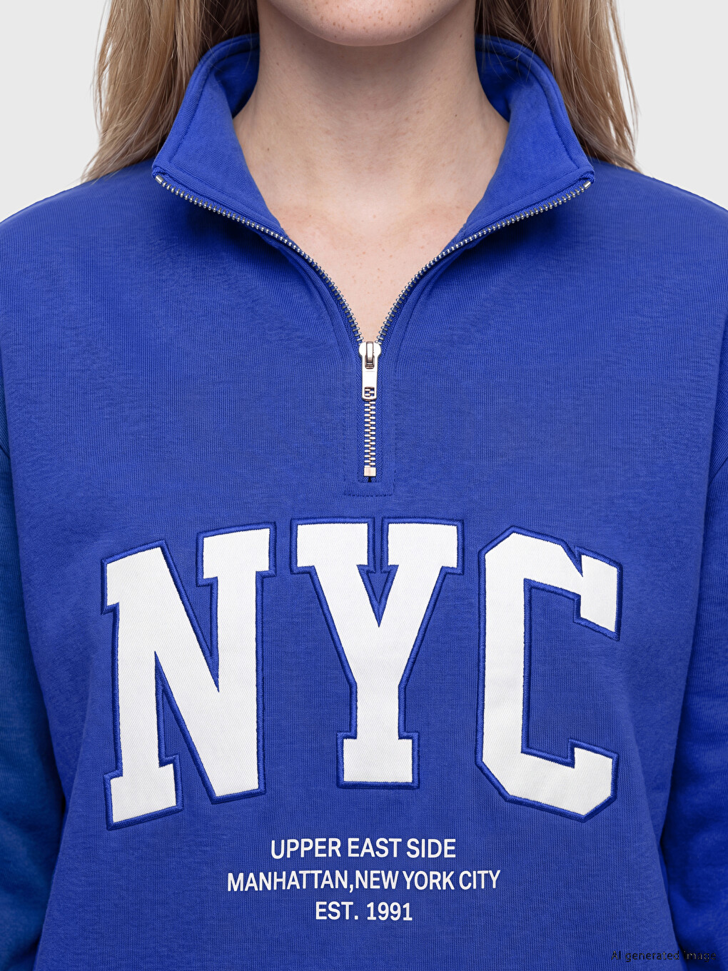 Mavi Nakışlı Oversize Kadın Kalın Sweatshirt-2