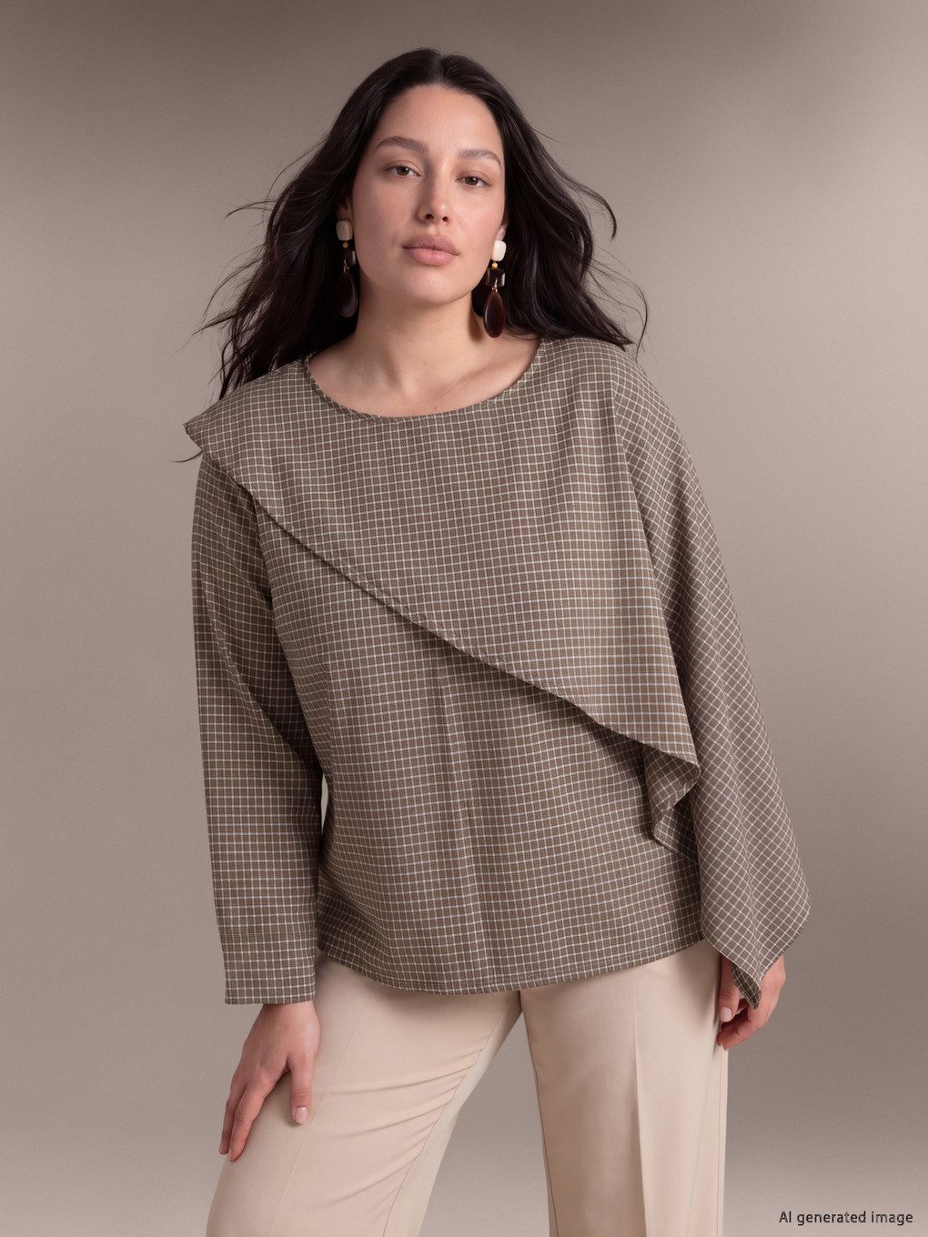 Plus Size Plaid Shawl Detailed Blouse