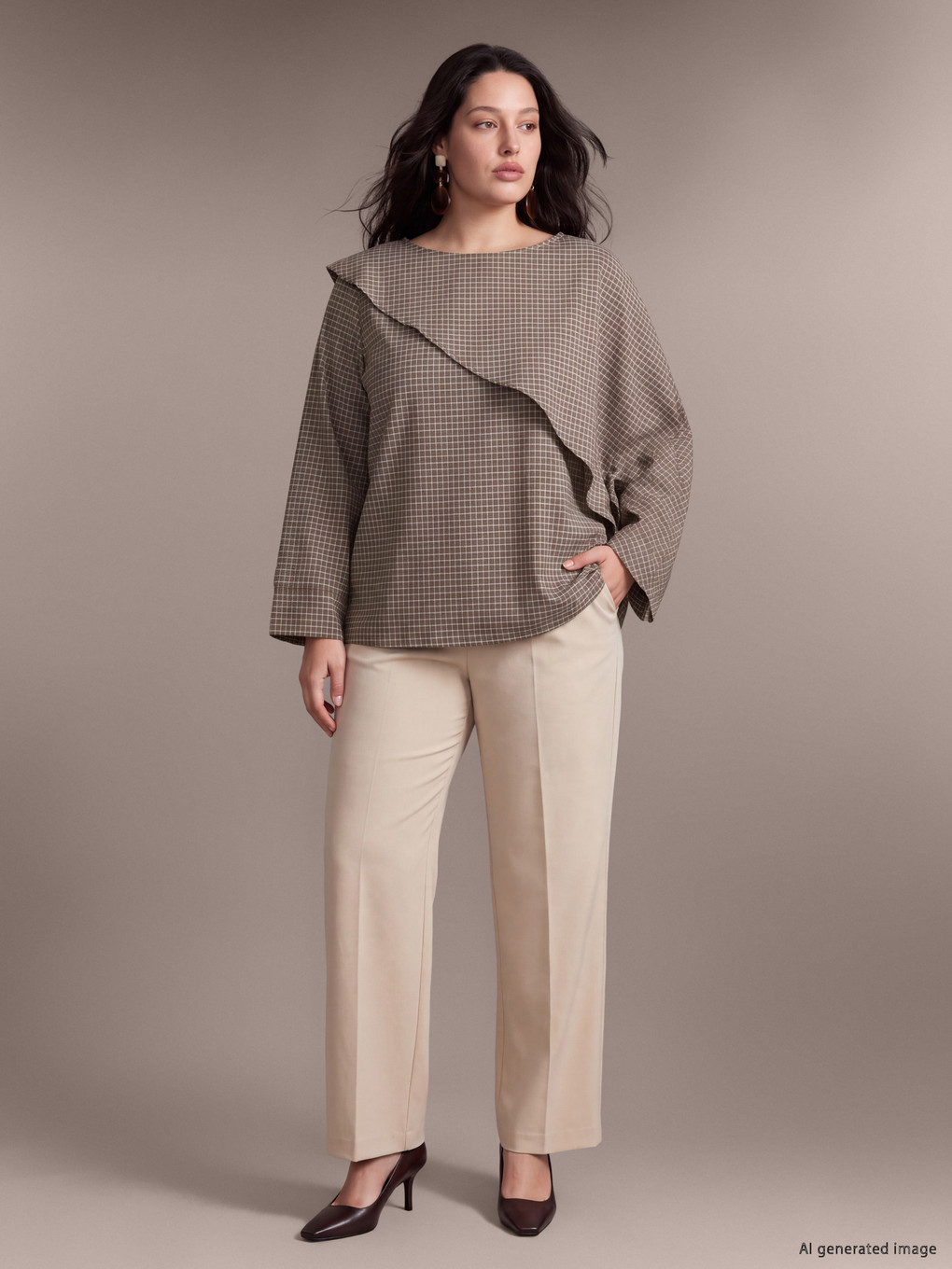 Plus Size Plaid Shawl Detailed Blouse-1