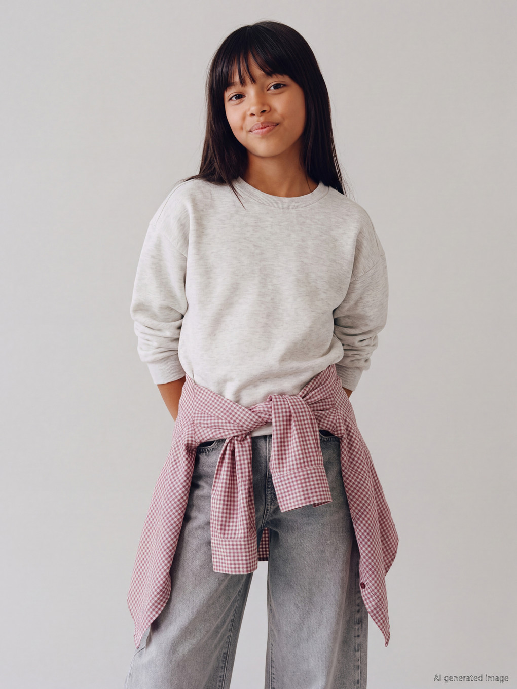 Gri Bisiklet Yaka Kız Çocuk Sweatshirt-1