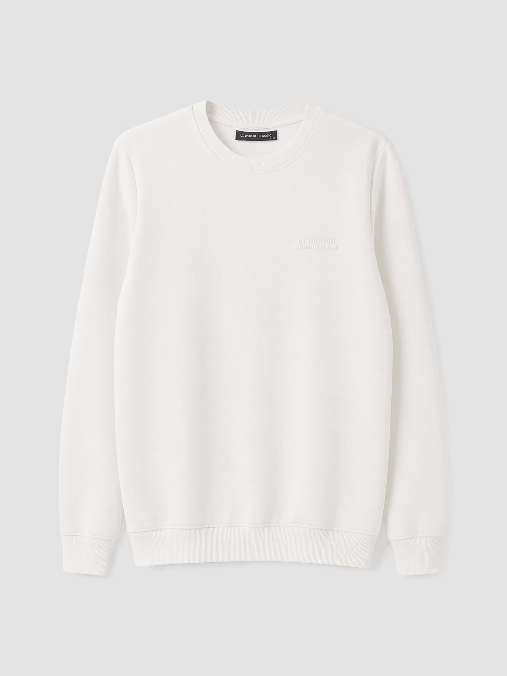 Beyaz Bisiklet Yaka Baskılı Kalın Sweatshirt