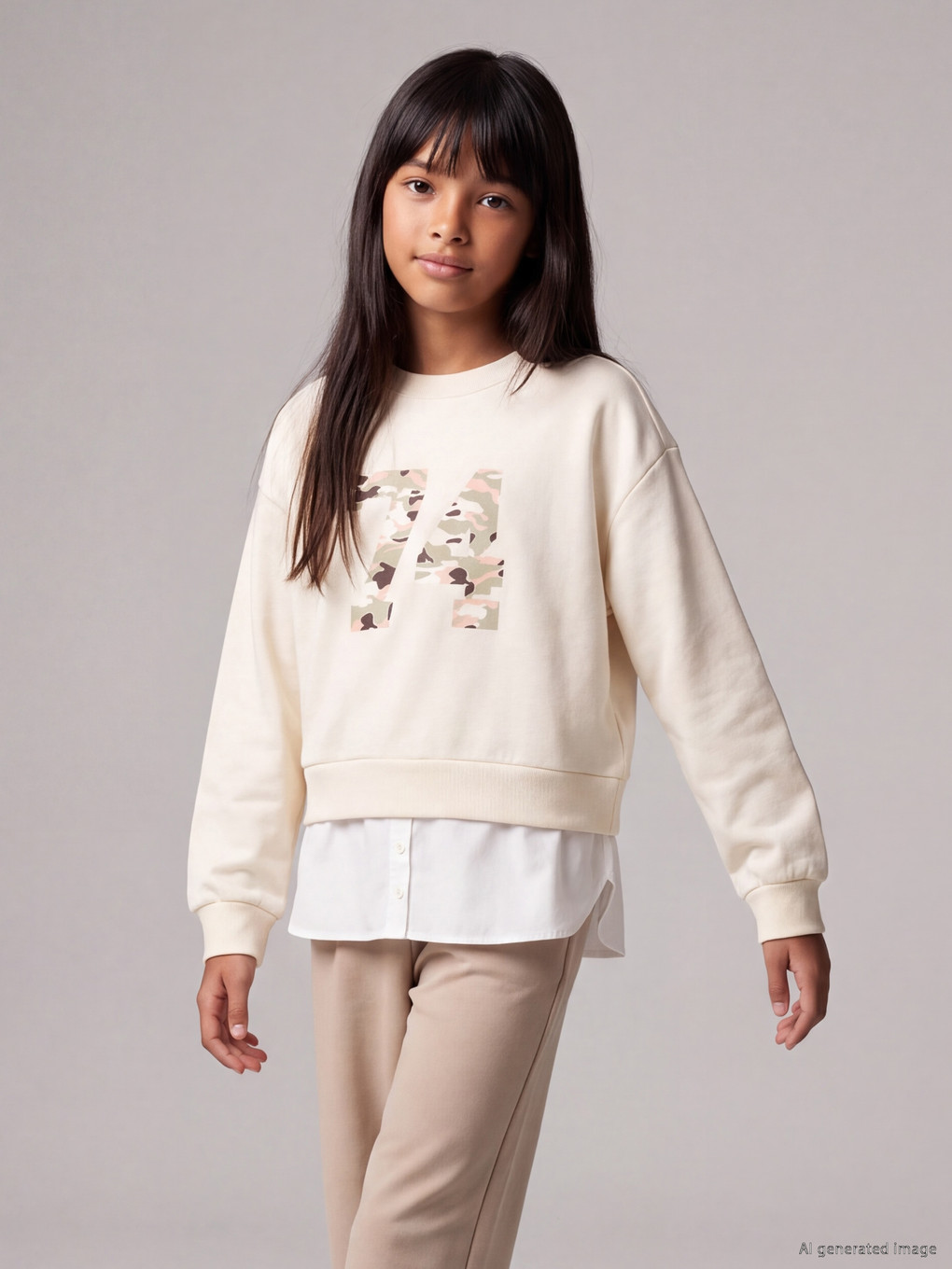 Ekru Baskılı Kız Çocuk Sweatshirt