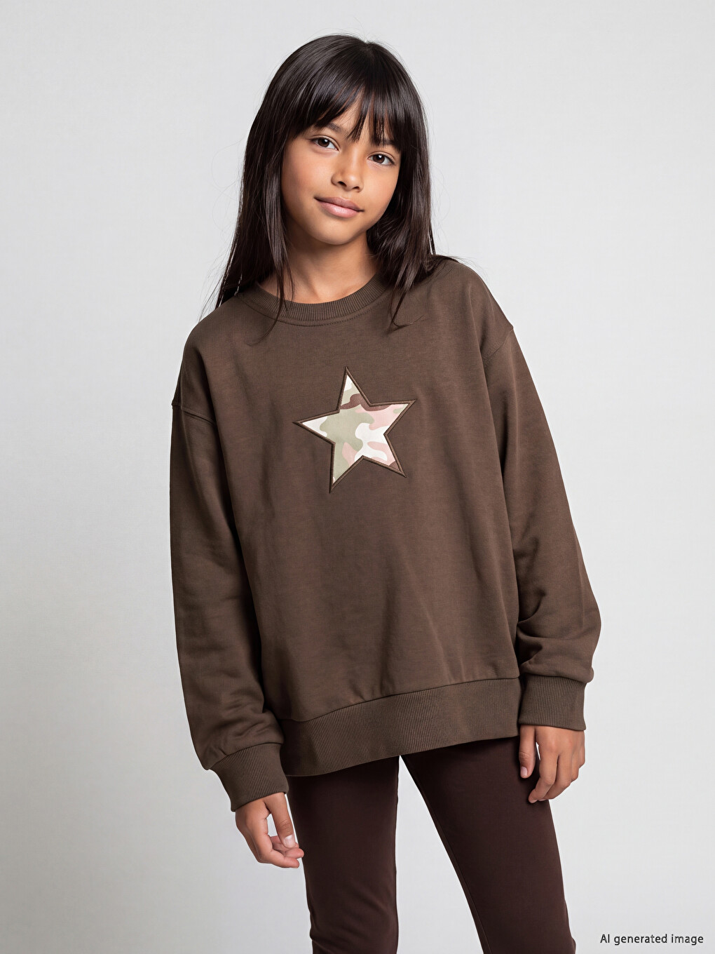 Kahverengi Baskılı Kız Çocuk Sweatshirt