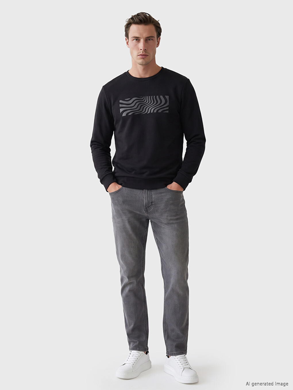 Siyah Bisiklet Yaka Erkek Sweatshirt