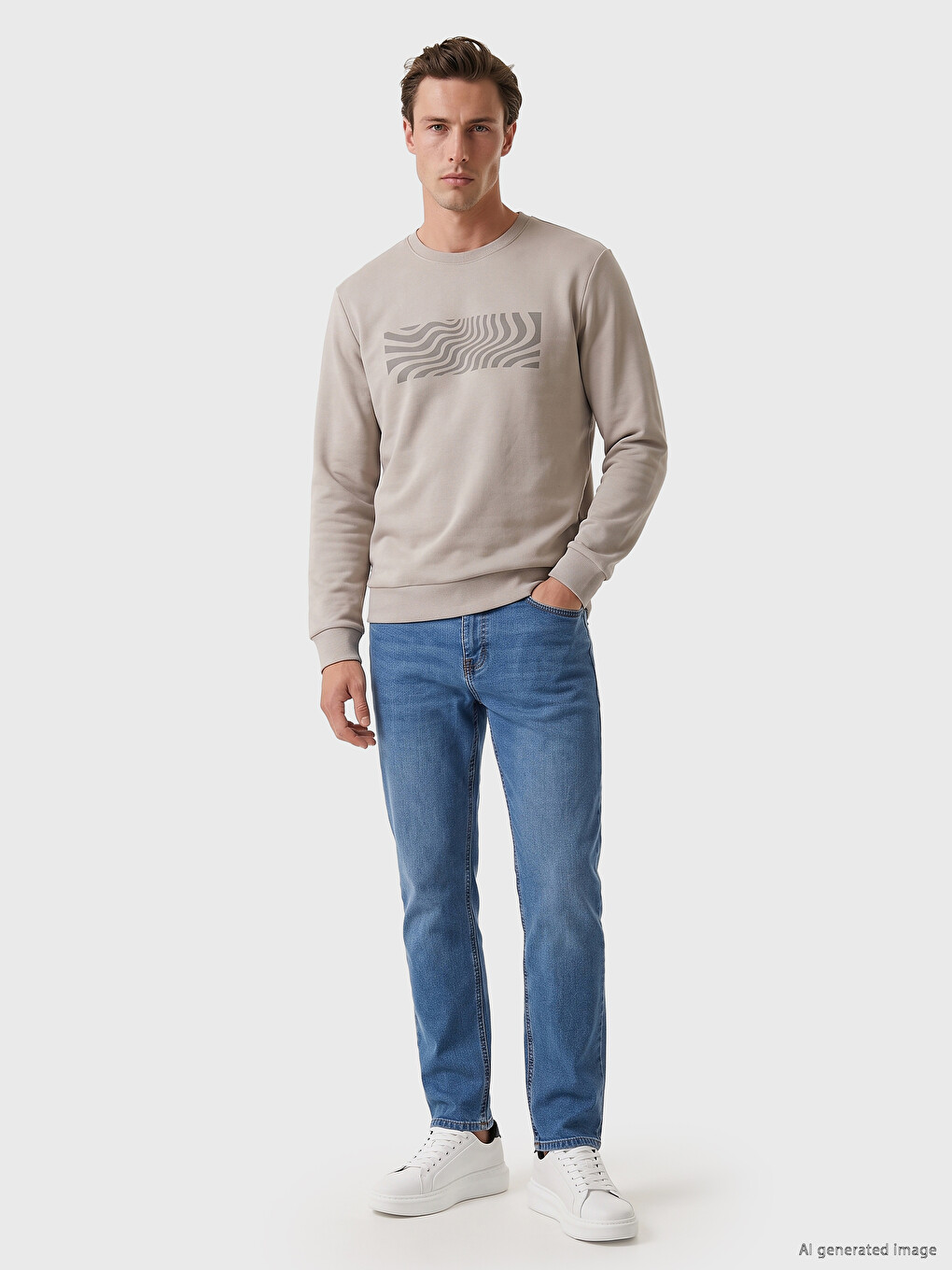Gri Bisiklet Yaka Desenli Erkek Sweatshirt-1