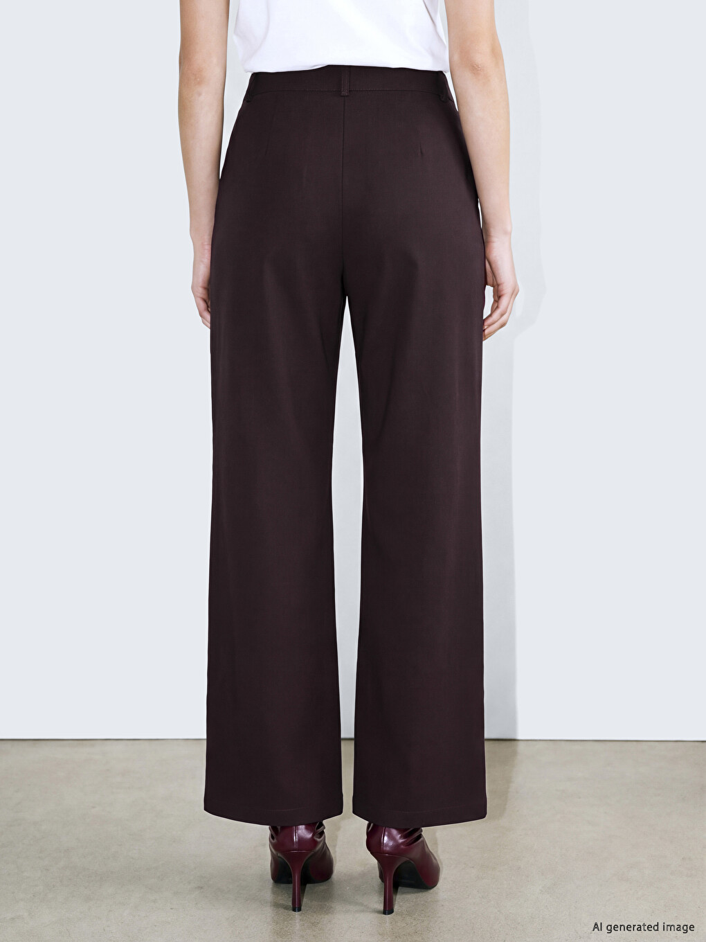 Mürdüm Geniş Paça Pileli Kadın Pantolon-3