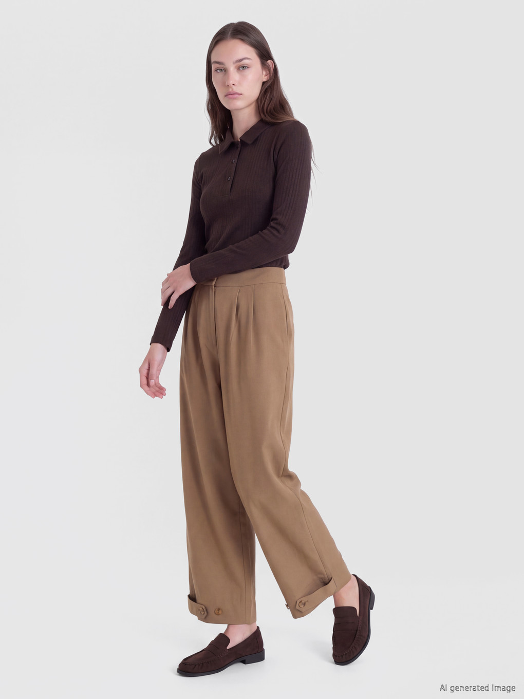 سروال نسائي واسع الساق مكشكش بخصر مرتفع