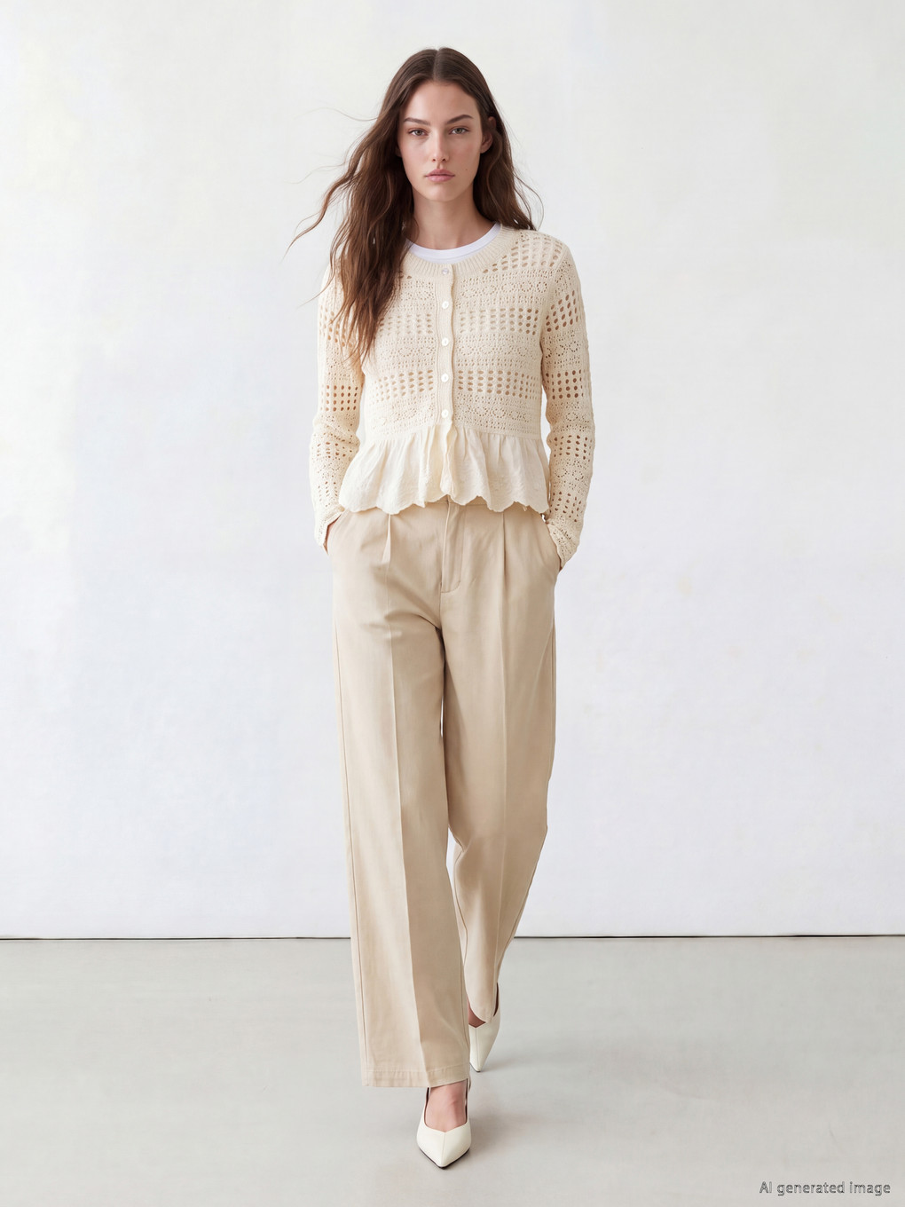 Ekru Ajurlu Peplum Kadın Triko Hırka-1