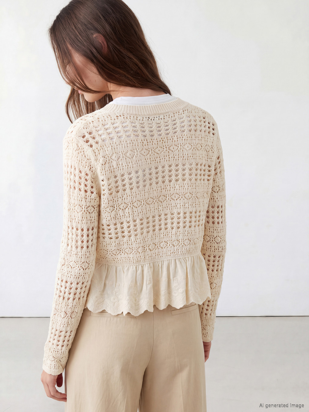 Ekru Ajurlu Peplum Kadın Triko Hırka-3