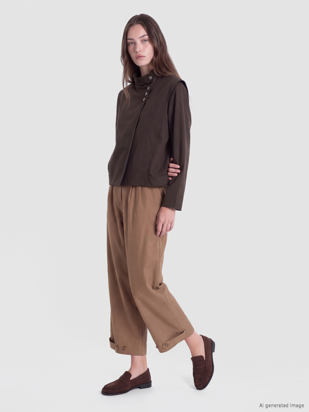 Kahverengi Dik Yaka Oversize Kadın Yağmurluk-1