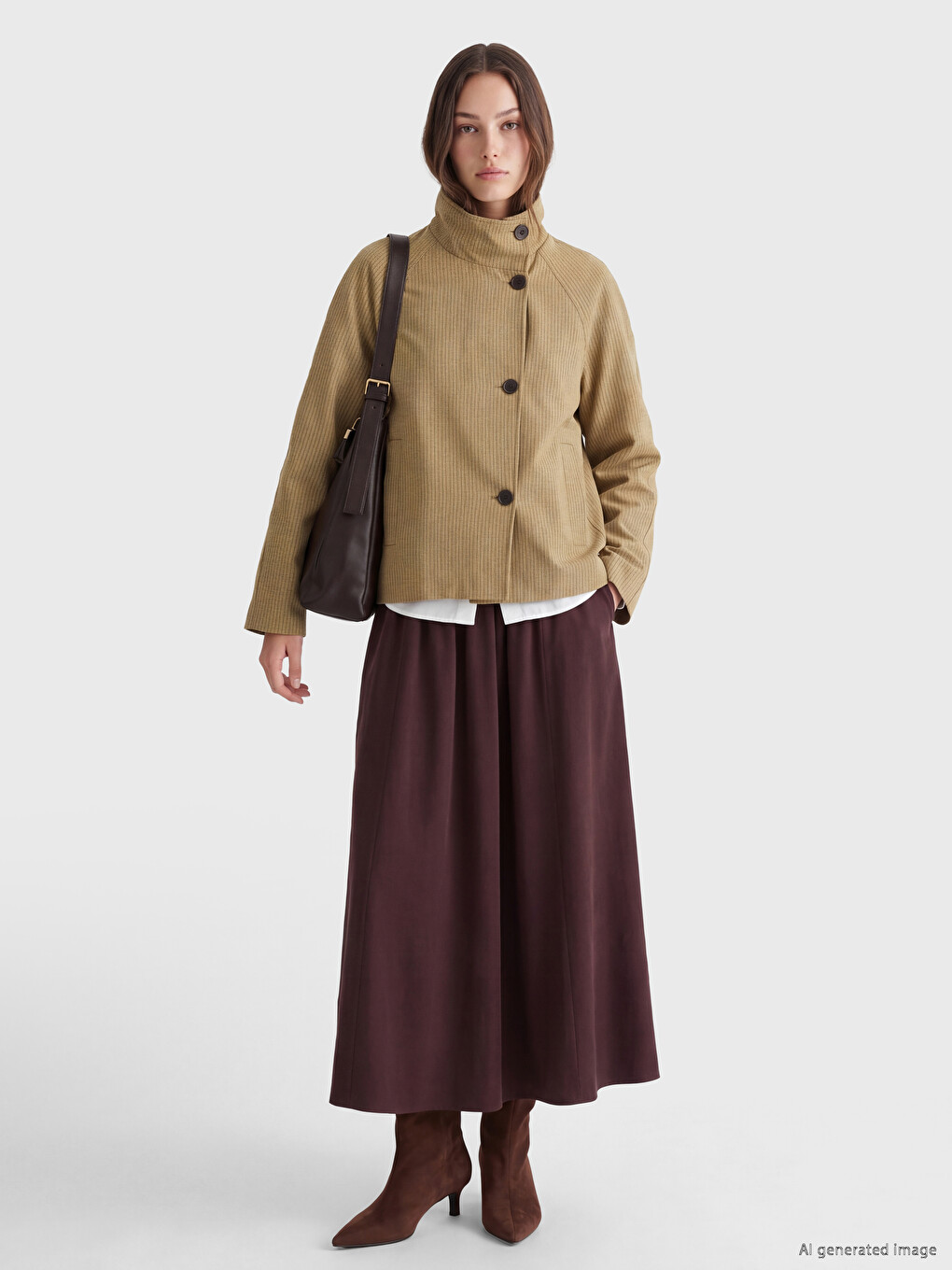 Haki Dik Yaka Ekose Oversize Kadın Trençkot-1