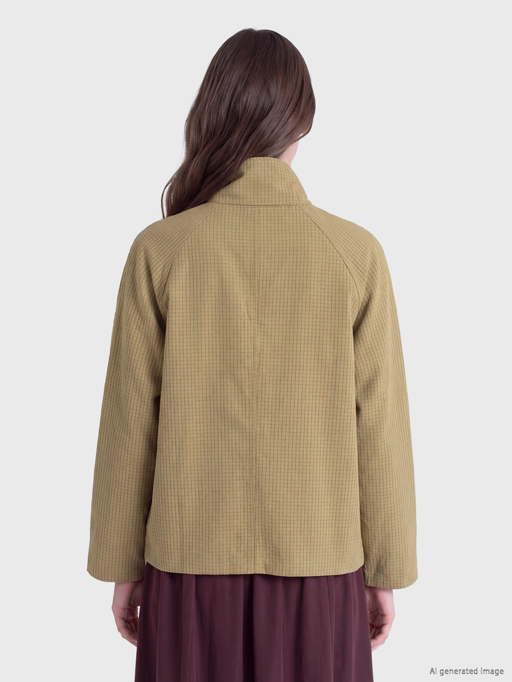 Haki Dik Yaka Ekose Oversize Kadın Trençkot-4