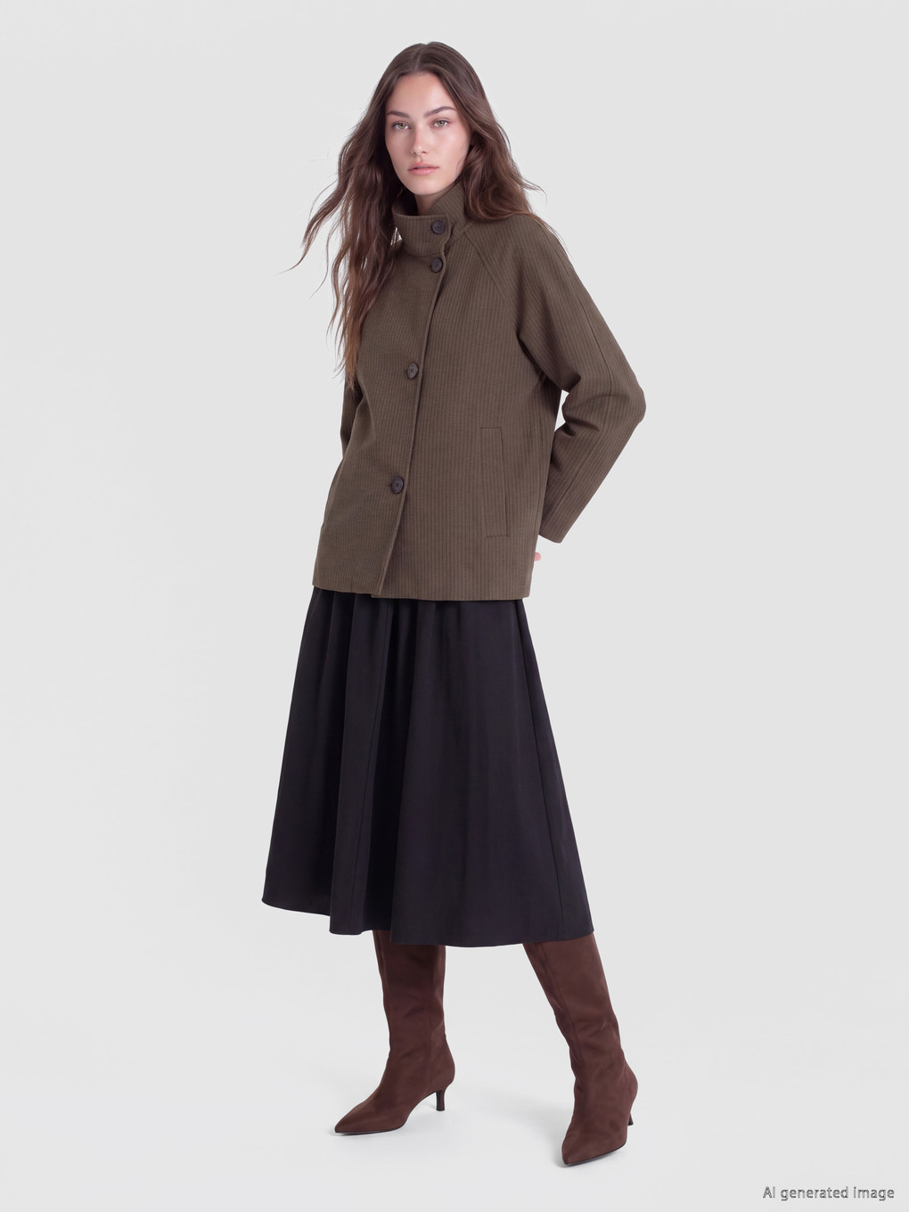Kahverengi Dik Yaka Ekose Oversize Kadın Trençkot-1
