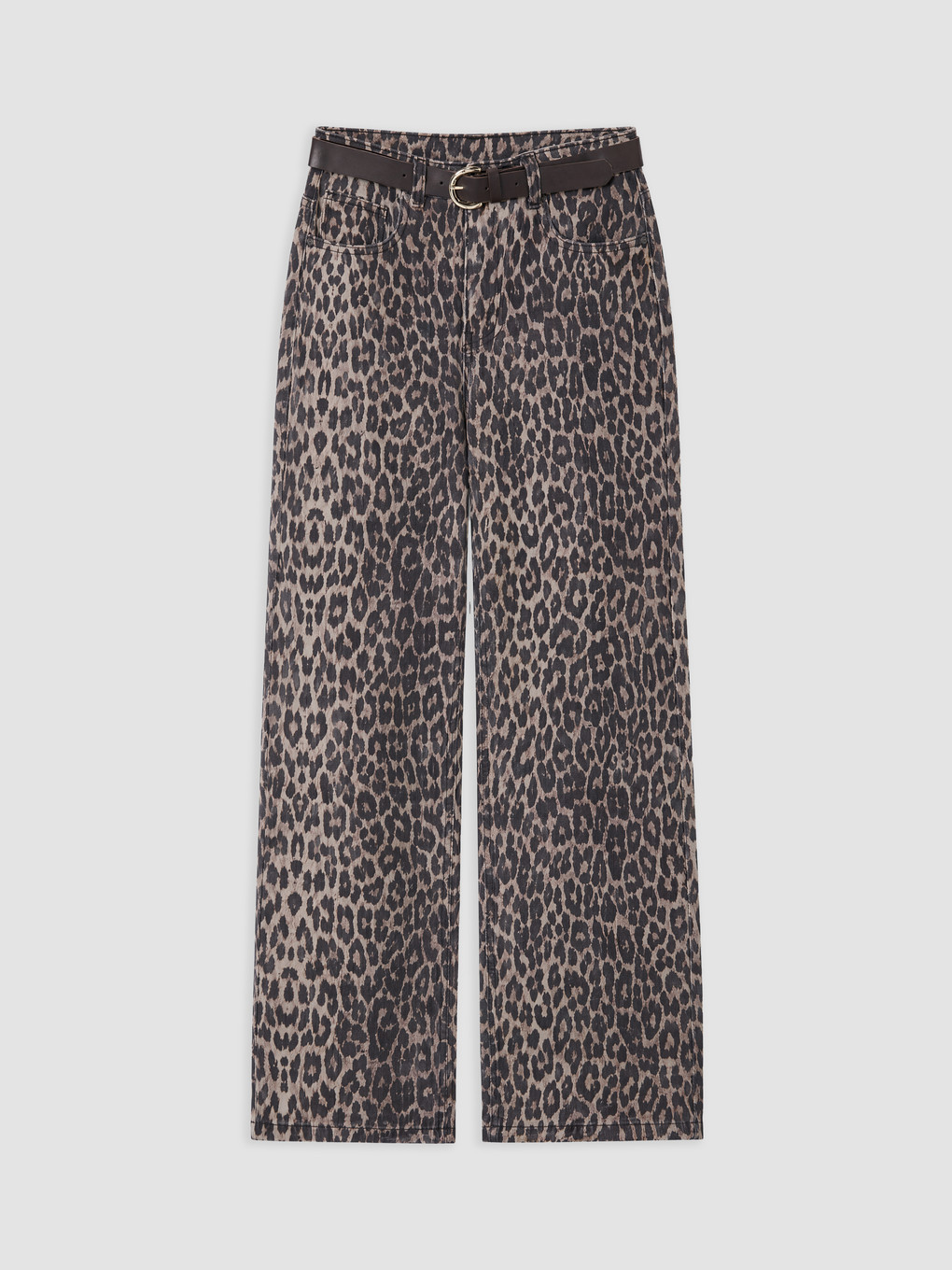Kahverengi Kemerli Leopar Desenli Wideleg Jean