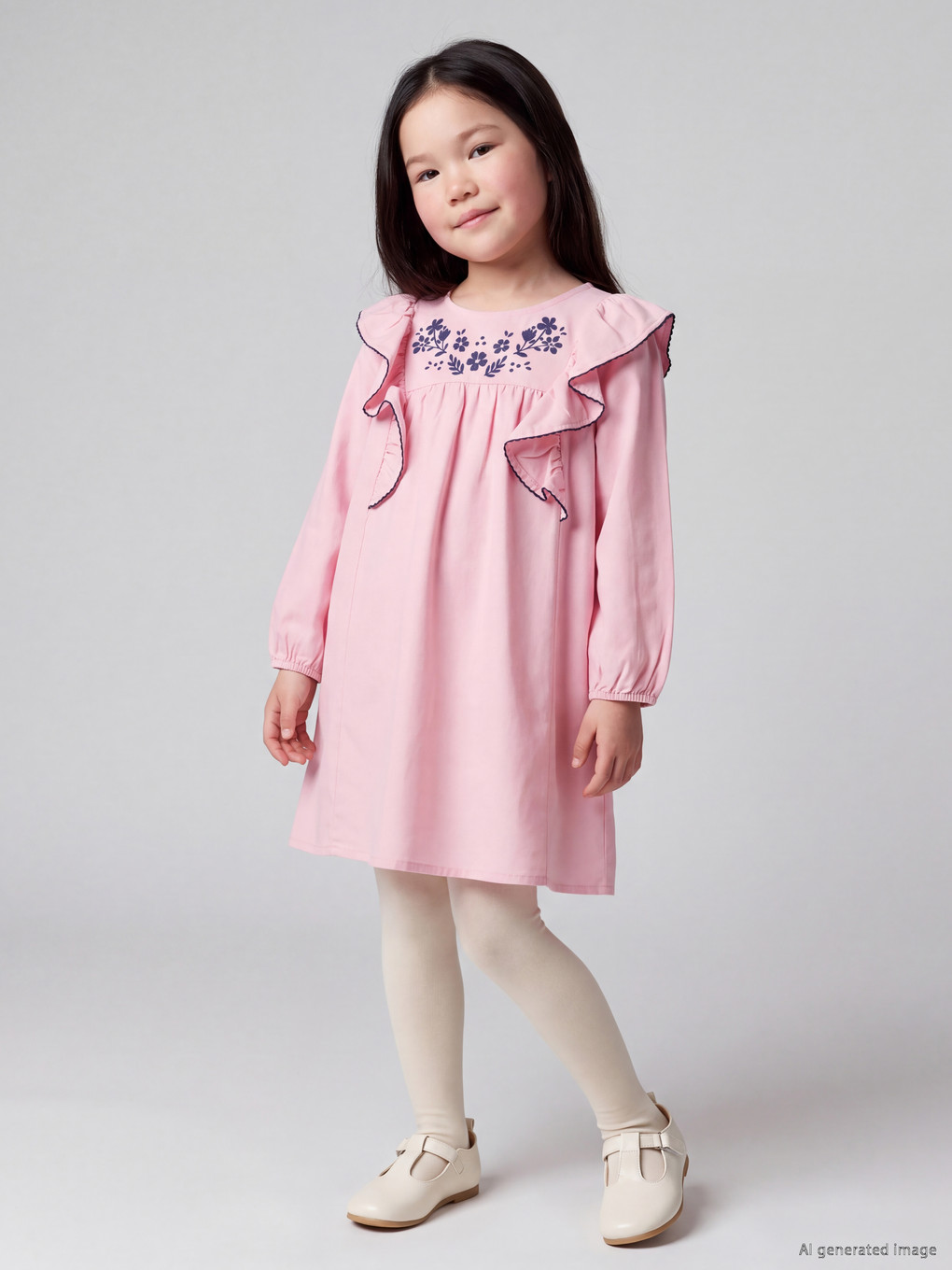 Flower Embroidered Ruffled Girls' Dress-1